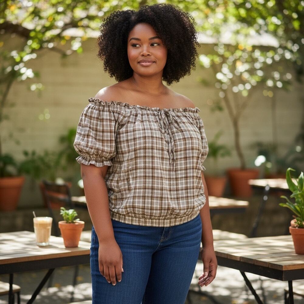 L.I.F.E. Gingham Boho Prairie Top Sz 2X 100% Cotton - Picture 2 of 7